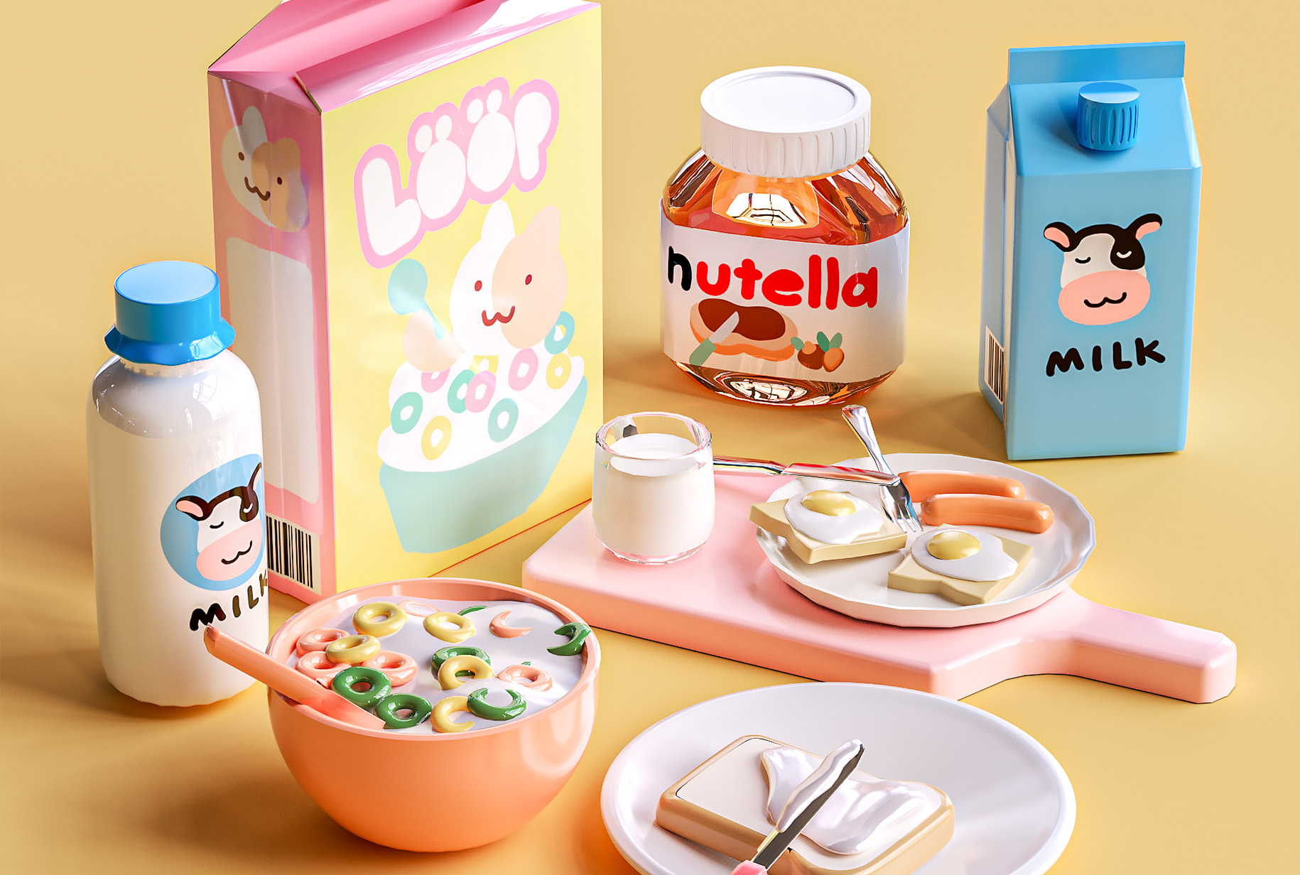 可爱早餐牛奶素材场景kv卡通c4d