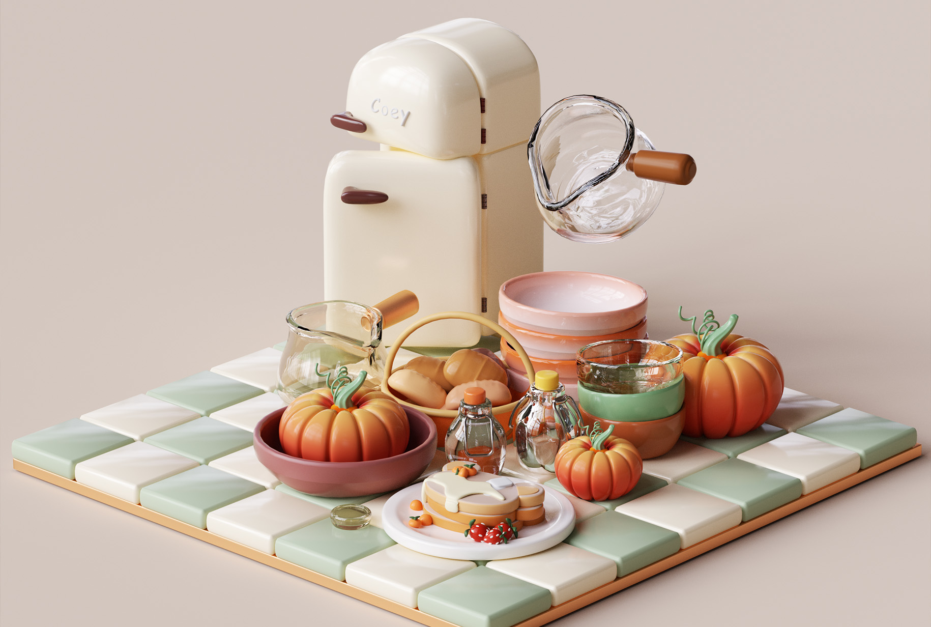 可爱南瓜冰箱卡通风格c4dkv素材