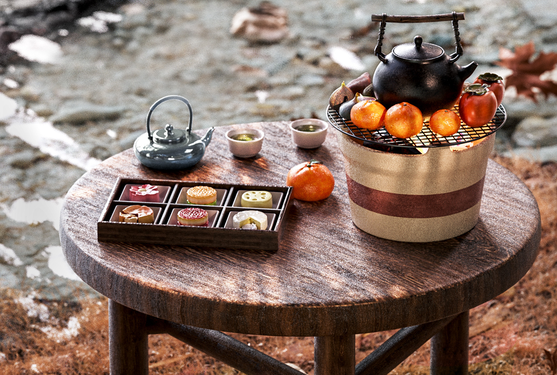 围炉煮茶写实kv糕点茶具户外c4d工程